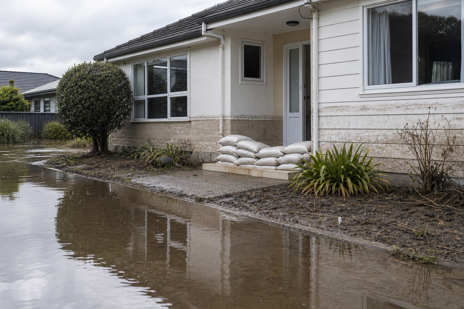 Suburban home surrounded by flood water