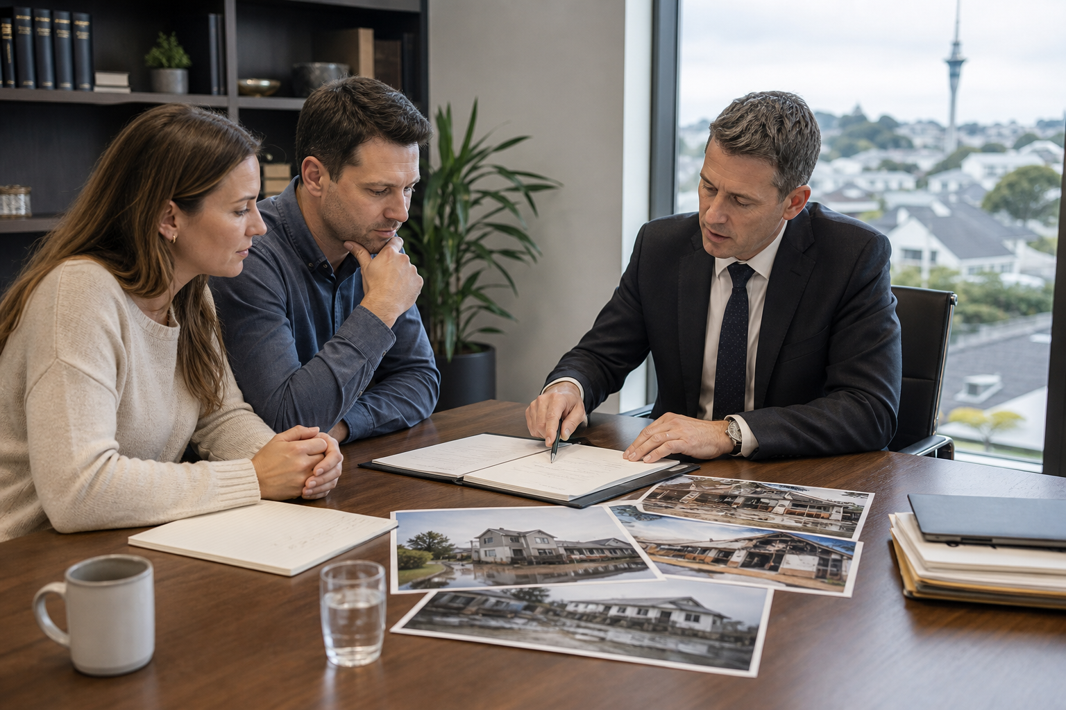 Lawyer reviewing an insurance claim with clients in an office