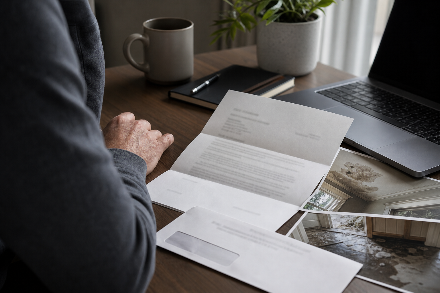 Insurance claim documents being reviewed at a desk