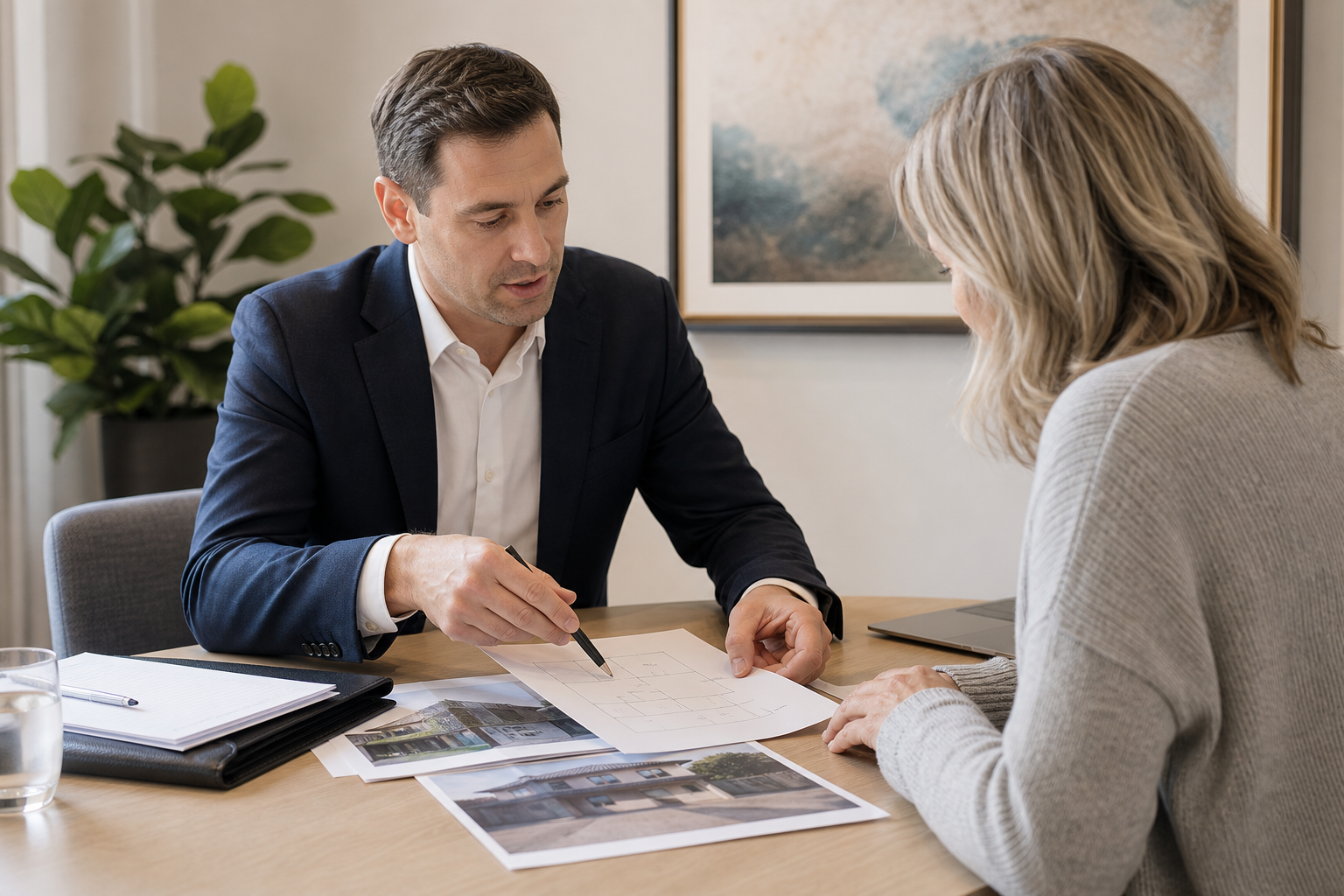 Insurance lawyer advising clients in a private office